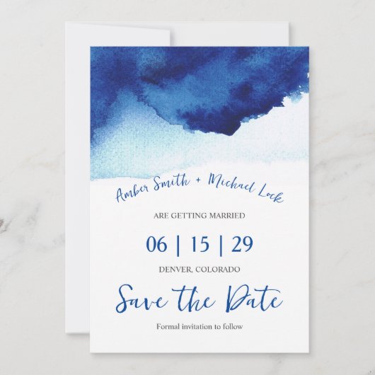 Save The Date Script moderne Aquarelle Indigo Photo Bleue (Devant)