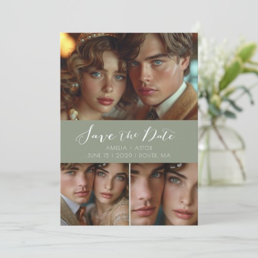 Save The Date Script moderne Collage photo Sage Green (Debout devant)
