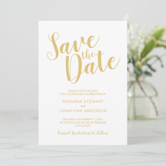 Save The Date Script moderne mariage blanc et or Enregistrer la  (Debout devant)