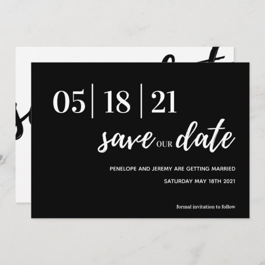 Save The Date script moderne noir et blanc enregistrer la date (Devant / Derrière)