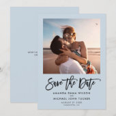 Save The Date Script Moderne Simple Chic Bleu Poussiéreux Photo (Devant / Derrière)