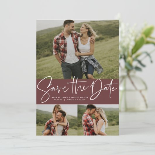 Save The Date Script moderne tendance trois photo (Debout devant)