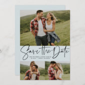 Save The Date Script moderne tendance trois photo bleu clair (Devant / Derrière)