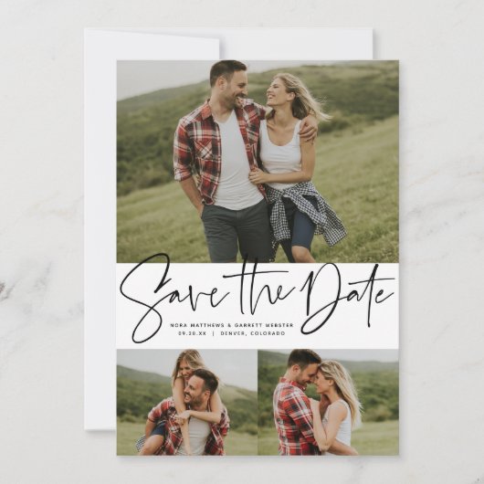 Save The Date Script moderne tendance trois photo noir et blanc (Devant)