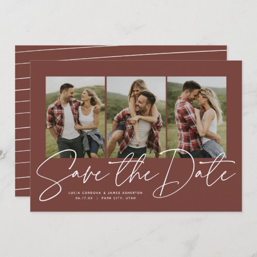 Save The Date Script moderne tendance trois photo terre cuite (Devant / Derrière)