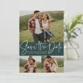 Save The Date Script moderne tendance trois photo vert (Debout devant)