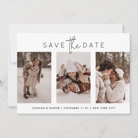 Save The Date Script noir moderne 3 Multi Photo Collage (Devant)