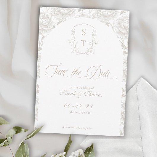 Save The Date Script Pale Taupe Monogramme Crest