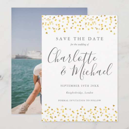 Save The Date Script photo de confettis de cœurs dorés (Devant / Derrière)