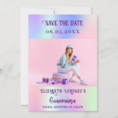 Save The Date Script photo holographique rose violet Quinceanera (Devant)