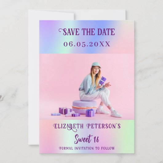 Save The Date Script photo holographique rose violet Sweet 16 (Devant)