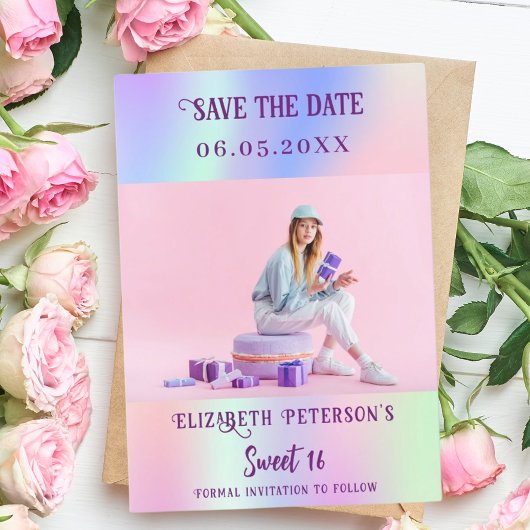 Save The Date Script photo holographique rose violet Sweet 16