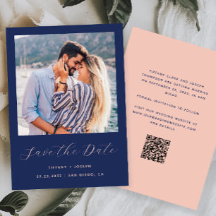 Save The Date Script photo minimal Navy Blue Blush QR Code