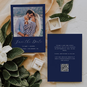 Save The Date Script photo minimal Navy Blue QR Code