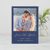 Save The Date Script photo minimal Navy Blue QR Code (Debout devant)