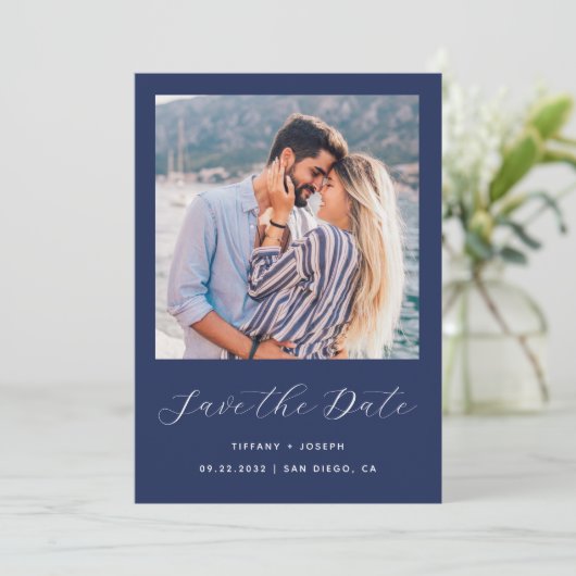 Save The Date Script photo minimal Navy Blue QR Code (Debout devant)