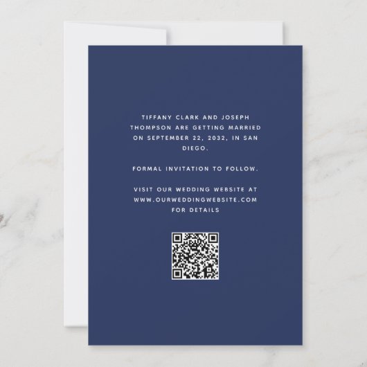 Save The Date Script photo minimal Navy Blue QR Code (Dos)