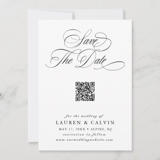 Save The Date Script romantique QR Code noir et blanc (Devant)
