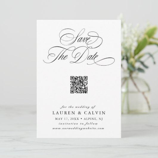 Save The Date Script romantique QR Code noir et blanc (Debout devant)