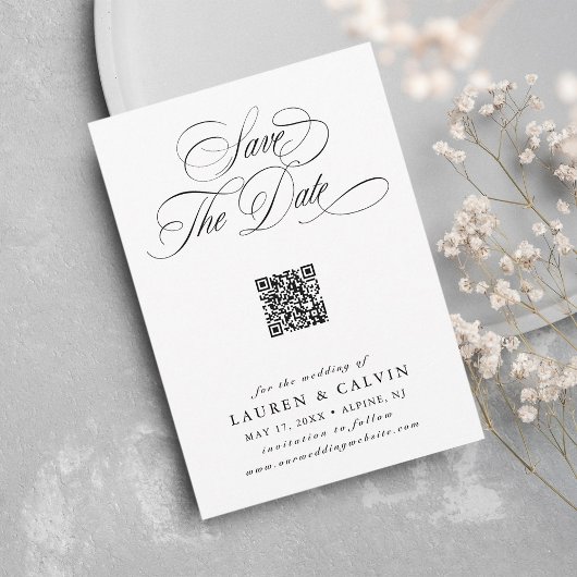 Save The Date Script romantique QR Code noir et blanc
