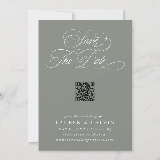 Save The Date Script romantique QR Code Sage Vert (Devant)