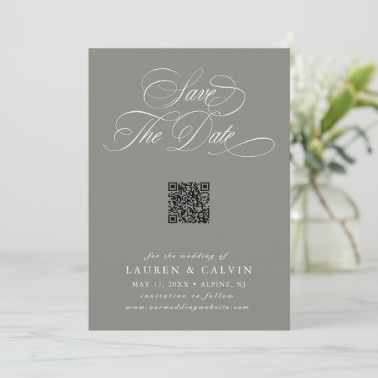 Save The Date Script romantique QR Code Sage Vert (Debout devant)