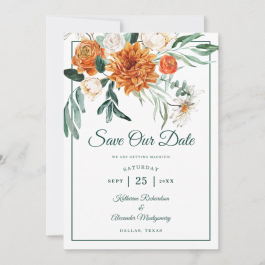 Save The Date Script romantique Vert automne Floral Mariage Phot (Devant)