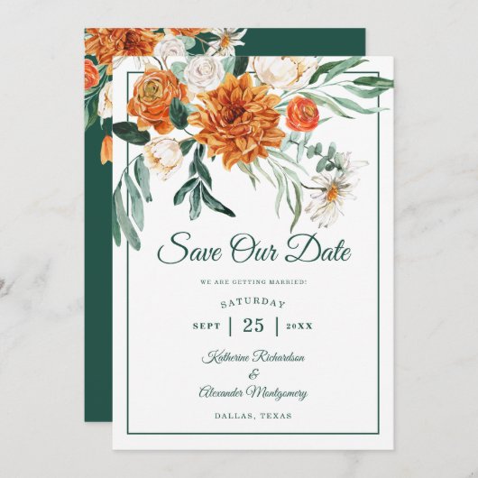 Save The Date Script romantique Vert automne Floral Mariage Phot (Devant / Derrière)