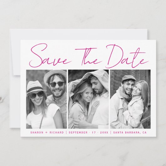 Save The Date Script rose magenta calligraphie 3 photo collage s (Devant)