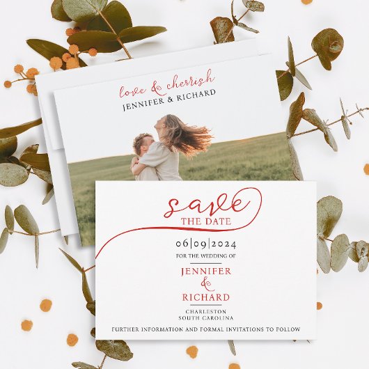 Save The Date Script rouge minimal simple avec Mariage blanc pho