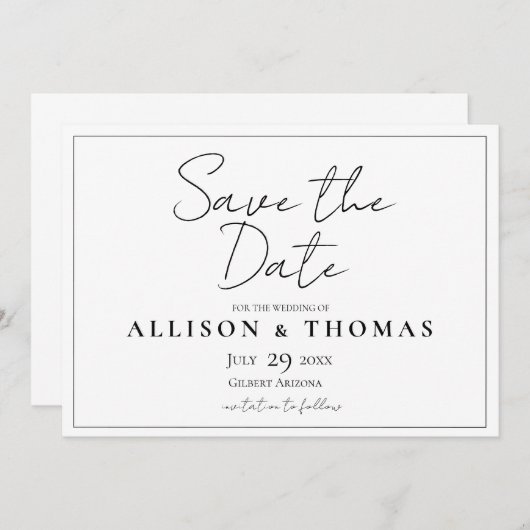 Save The Date Script simple noir et blanc Enregistrer la date (Devant / Derrière)