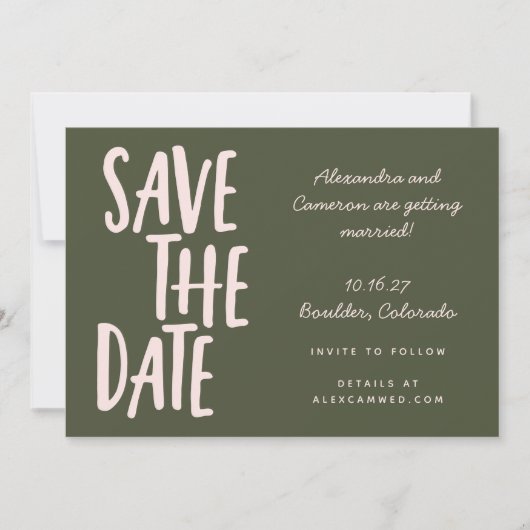 Save The Date Script simple Whimsical rose et vert olive (Devant)