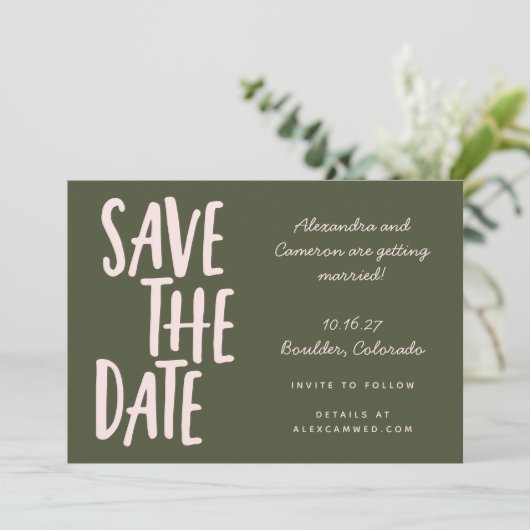 Save The Date Script simple Whimsical rose et vert olive (Debout devant)
