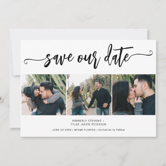 Save The Date Script tendance 3 photo mariage moderne (Devant)