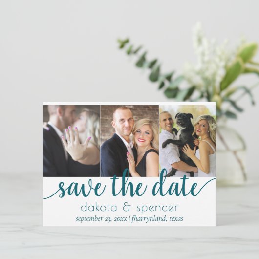 Save The Date Script Turquoise simple | Minuit foncée Vert 3 pho (Debout devant)