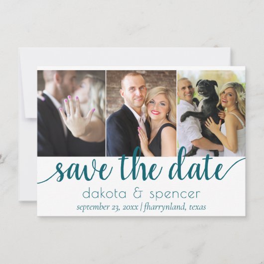 Save The Date Script Turquoise simple | Minuit foncée Vert 3 pho (Devant)