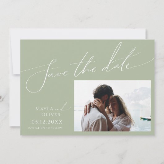 Save The Date Script Whimsical | Photo horizontale verte Sage (Devant)