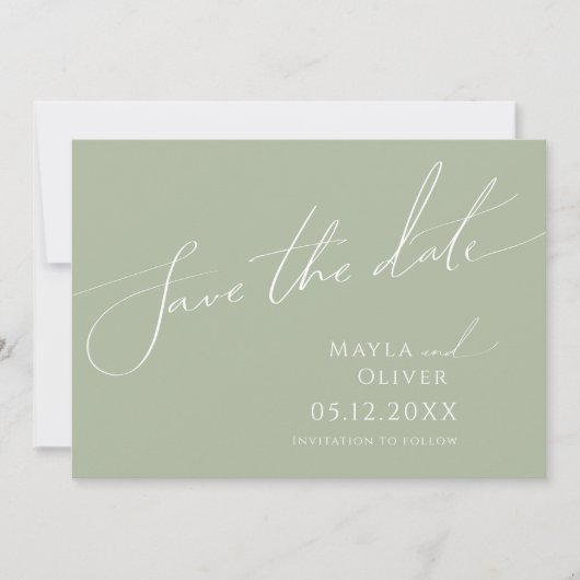 Save The Date Script Whimsical | Sage vert horizontal (Devant)