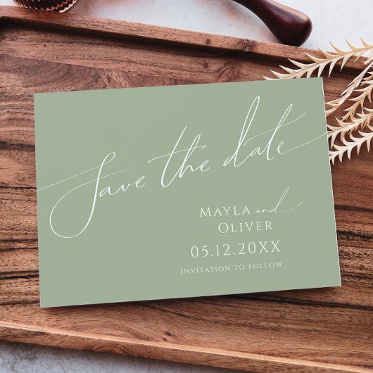 Save The Date Script Whimsical | Sage vert horizontal