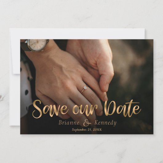 Save The Date Scripts d'écriture manuscrite et photo à fond doré (Devant)