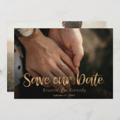 Save The Date Scripts d'écriture manuscrite et photo à fond doré (Devant / Derrière)