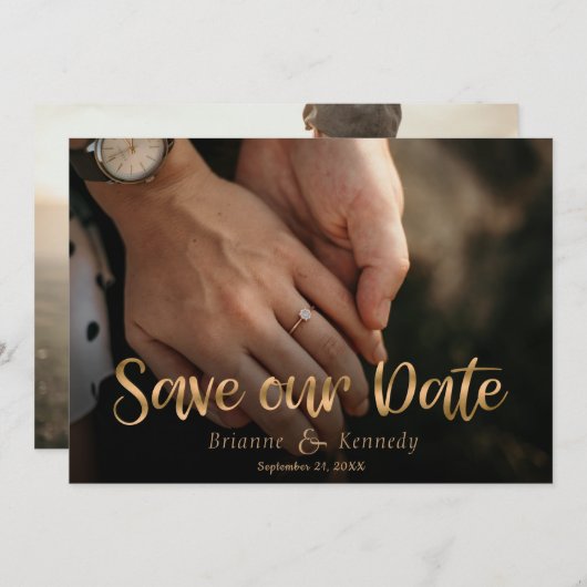 Save The Date Scripts d'écriture manuscrite et photo à fond doré (Devant / Derrière)