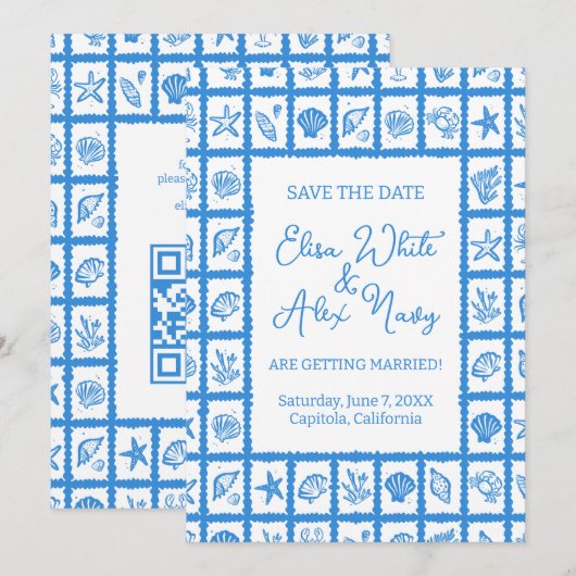 Save The Date Seashell Grid Beach Wedding Code QR PERSONNALISÉ (Devant / Derrière)