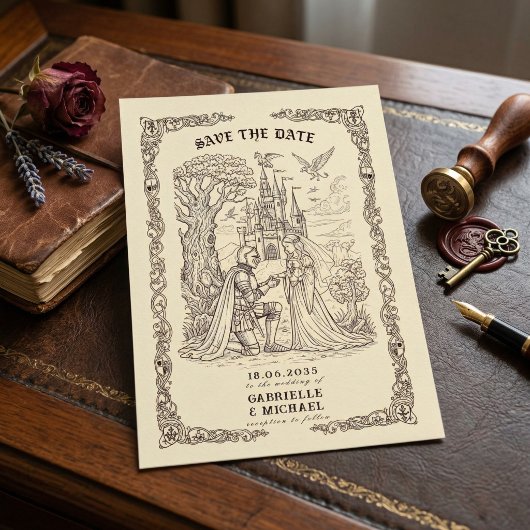 Save The Date Sepia Medieval Illustration Fairytale Wedding 