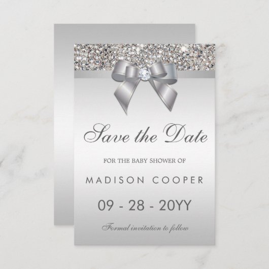 Save The Date Séquins Argent Bling Bow Enregistrer Le Baby showe (Devant / Derrière)