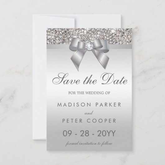 Save The Date Séquins Argent Bow Diamond Enregistrer Le Mariage (Devant)