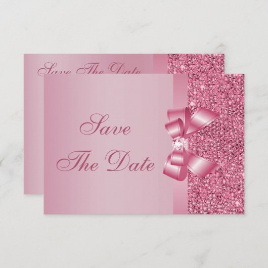 Save The Date Séquins imprimés rose Bow & Diamond Enregistrer la (Devant / Derrière)