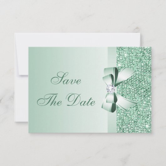 Save The Date Sequins Menthe, Nœud & Diamant Économisez la Date (Devant)
