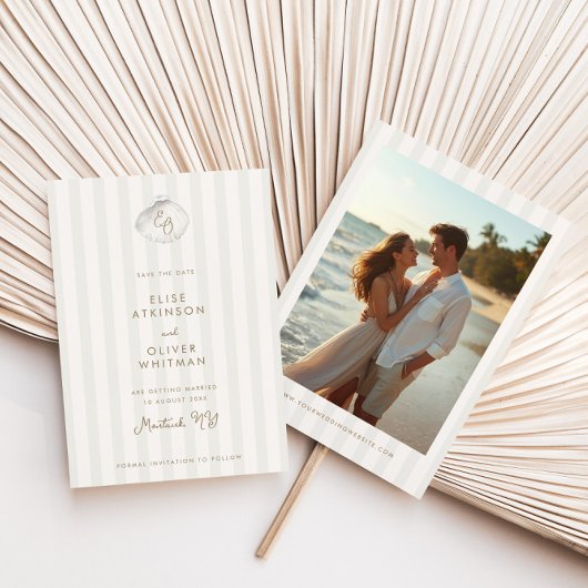 Save The Date Serene Shell Monogram Coastal Stripes Wedding