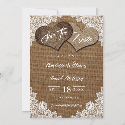 Save The Date Shabby Chic Burlap Mariage campagnard de dentelle